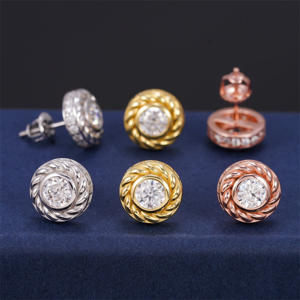 Solid Silver Men Bezel Setting Moissanite Diamond Stud Earrings Screw Back