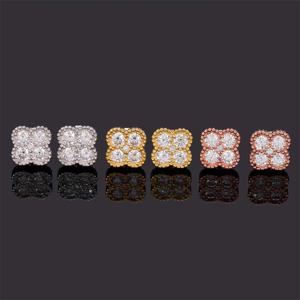 925 Sterling Silver Clover Stud Earrings Screw Back VVS Moissanite Diamond