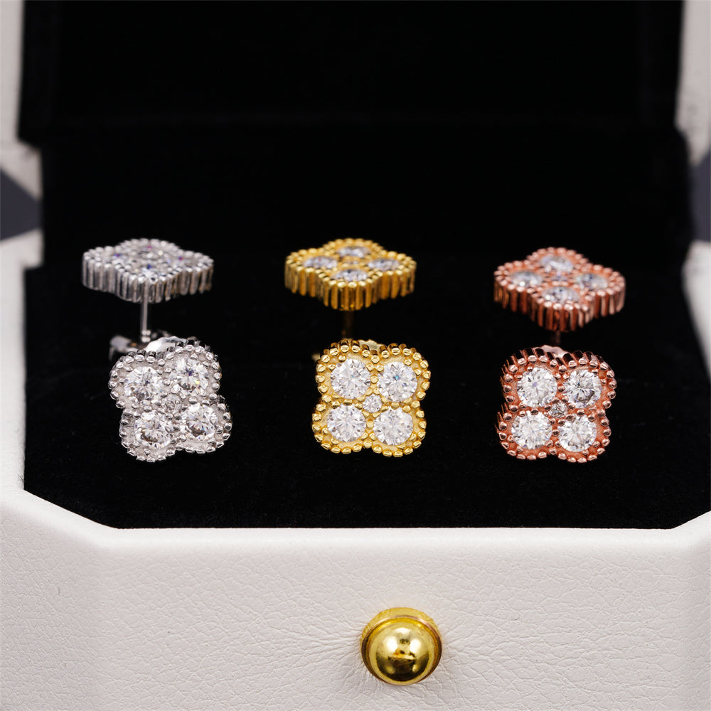 925 Sterling Silver Clover Stud Earrings Screw Back VVS Moissanite Diamond