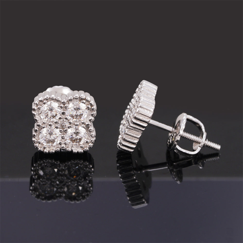 925 Sterling Silver Clover Stud Earrings Screw Back VVS Moissanite Diamond