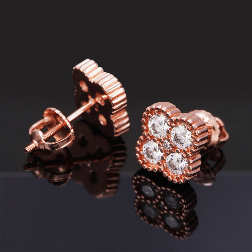 925 Sterling Silver Clover Stud Earrings Screw Back VVS Moissanite Diamond