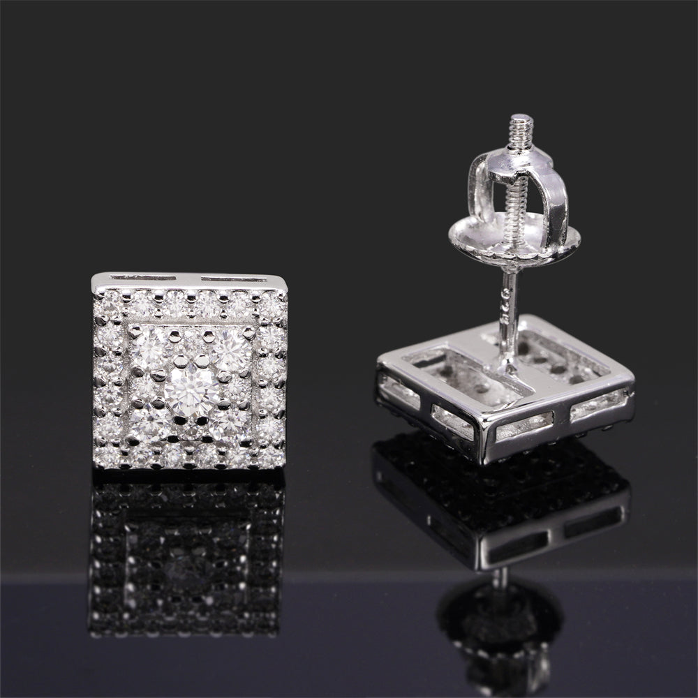 Square Moissanite Diamonds Screw Back Earrings 925 Sterling Silver Men Iced Out