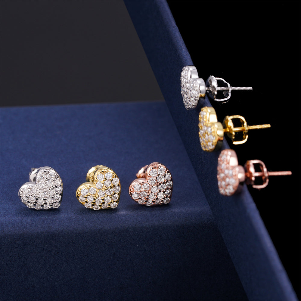 Mini Size Heart Shaped Moissanite Earrings Screw Back Solid Silver