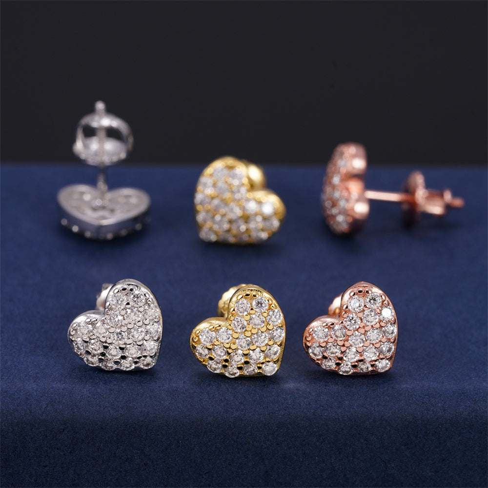 Mini Size Heart Shaped Moissanite Earrings Screw Back Solid Silver