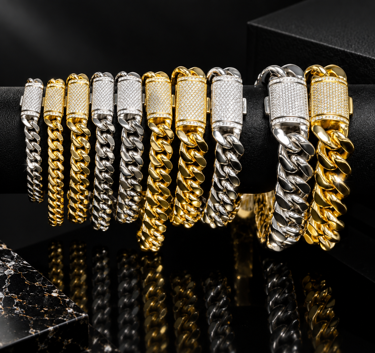 14MM Moissanite Stainless Steel Chain 10K Gold