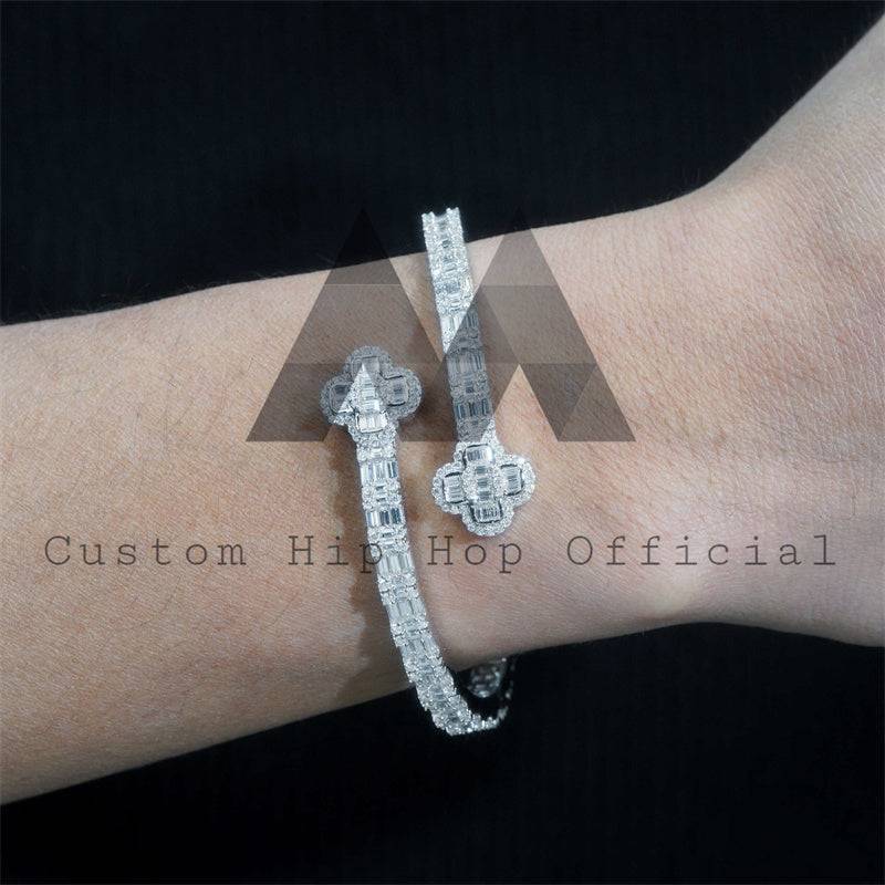 925 Silver Baguette Moissanite Clover Bangle with White Gold Finish