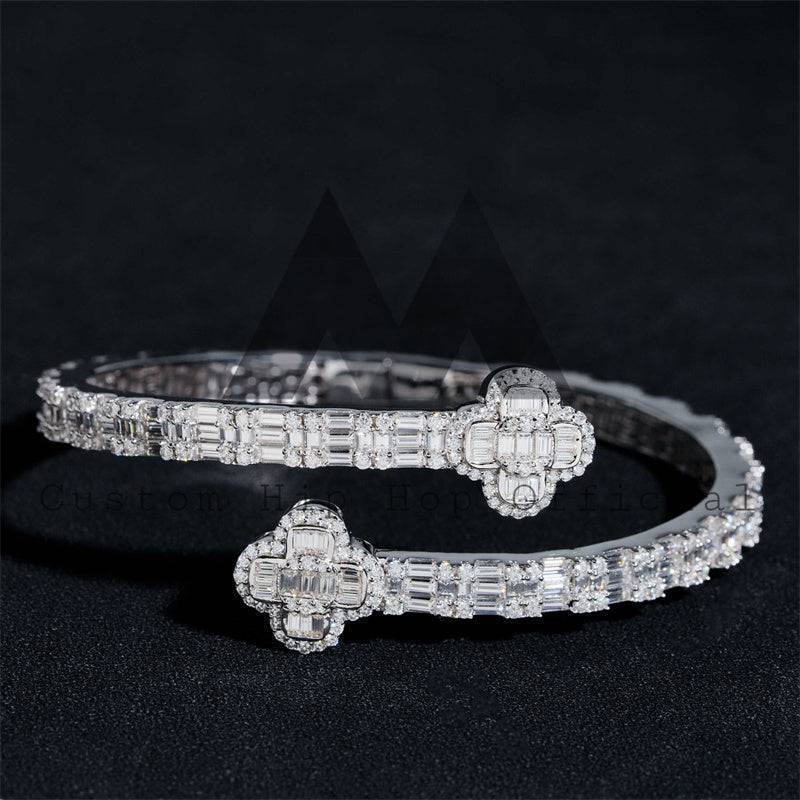925 Silver Baguette Moissanite Clover Bangle with White Gold Finish