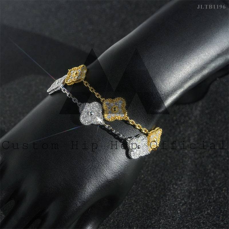 Stylish Sterling Silver 925 Moissanite Diamond Iced Out Clover Bracelet in White Gold and Yellow Gold Hip Hop Jewelry