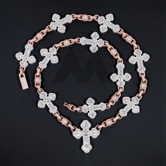 Rose Gold Two Tone Iced Out Moissanite Hip Hop 8MM Ball Cross Rosary Chain Necklace