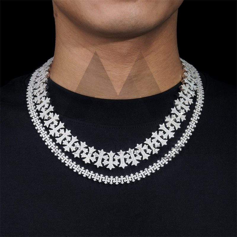 8MM Fully Iced Out Chrome Heart Style Cuban Link Chain VVS Moissanite Hip Hop Jewelry
