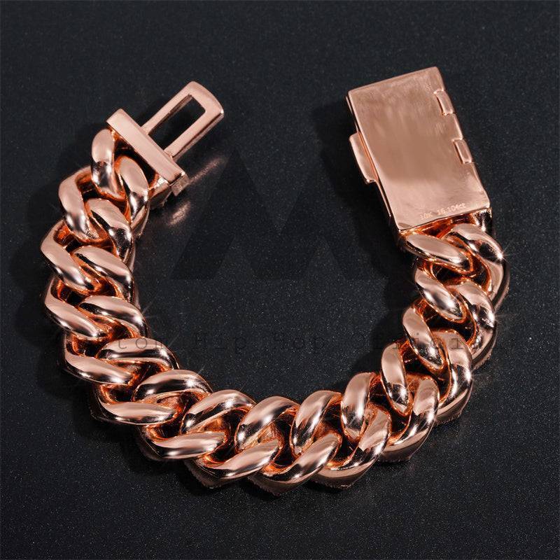Three Stone Design 18MM Iced Out Moissanite Diamond Cuban Link Bracelet Rose Gold Plating Over 925 Silver