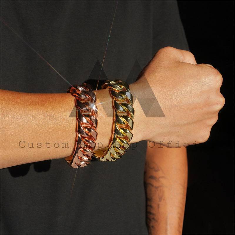 Rose Gold Yellow Gold Plated 20MM 999 Silver Cuban Bracelet With Moissanite Lock