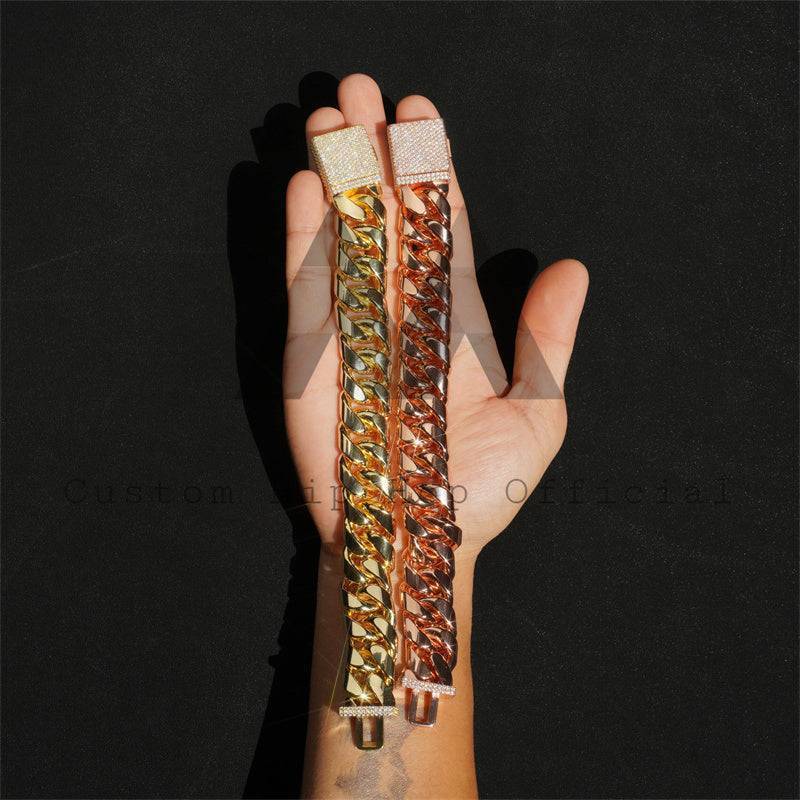 Rose Gold Yellow Gold Plated 20MM 999 Silver Cuban Bracelet With Moissanite Lock