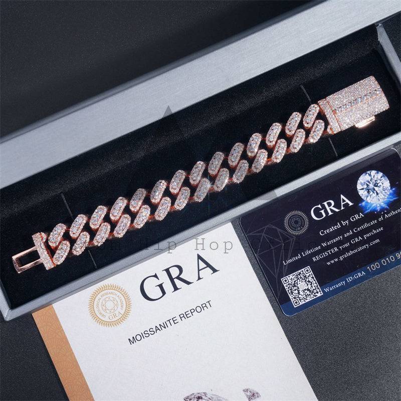 Three Stone Design 18MM Iced Out Moissanite Diamond Cuban Link Bracelet Rose Gold Plating Over 925 Silver
