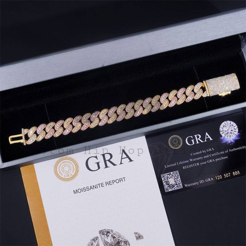 Hip Hop Iced Out 925 Sterling Silver Rose gold Mix Yellow Gold 13MM Width Baguette Cut Moissanite Cuban Bracelet For Men