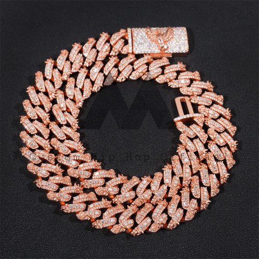 18MM Baguette Cuban Chain With Rose Flower VS Bird Rose Gold Plated Iced Out Moissanite