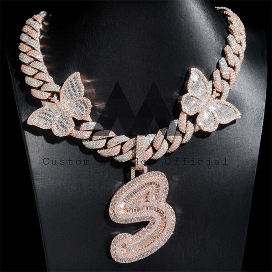 VVS D Color Moissanite Diamonds Iced Out Custom Made Custom Butterfly Cuban Chain With Name Letter Initial S Pendant