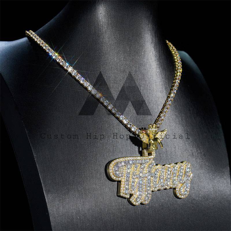 Solid Silver Iced Out Angel Tiffany Name 3" Width Custom Moissanite Name Pendant With 4MM Tennis Chain