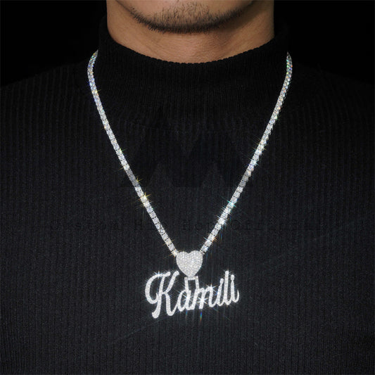 Solid Silver 925 Moissanite Diamond Iced Out 2.5" Custom Name Pendant With Heart Bail Fit For 4MM Tennis Chain