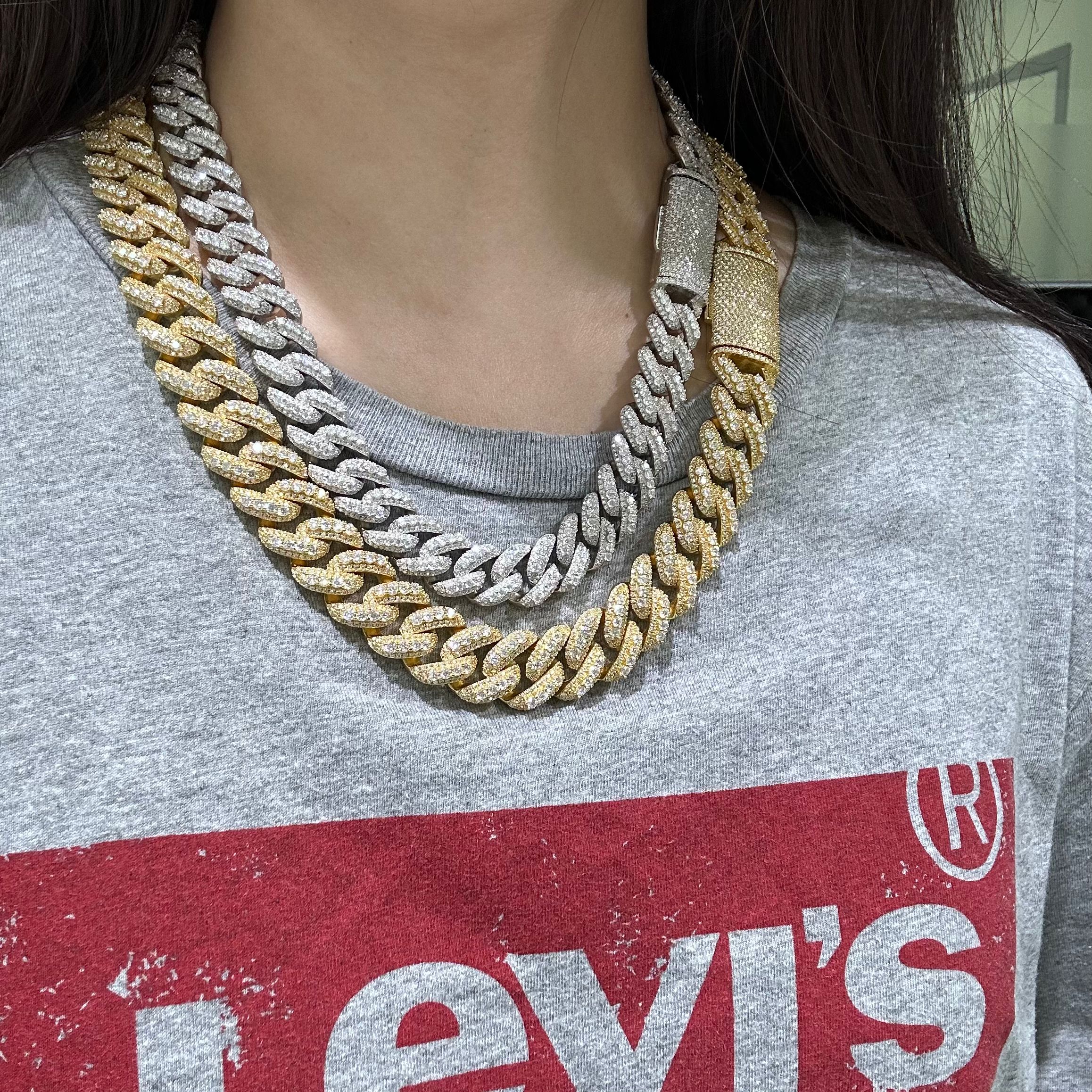 18MM Three Rows Raised Stone Cuban Link Chain Necklace VVS Moissanite