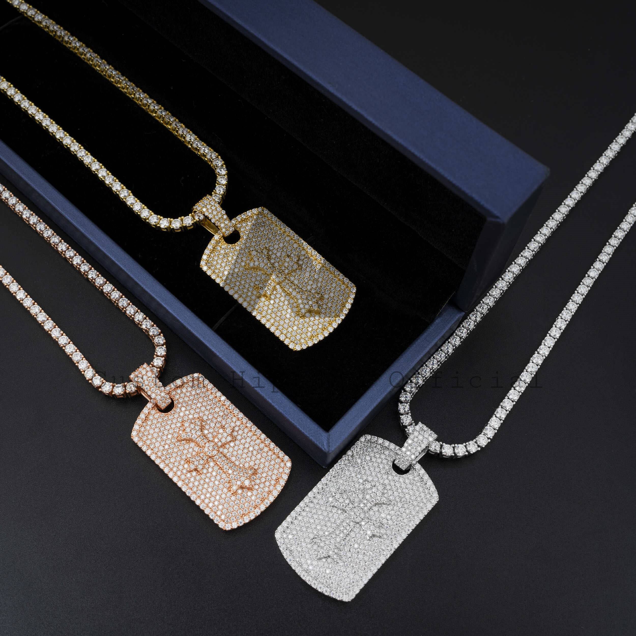 Hip hop jewelry featuring fully iced cross in middle Moissanite dog tag pendant fit for 4MM tennis chain0