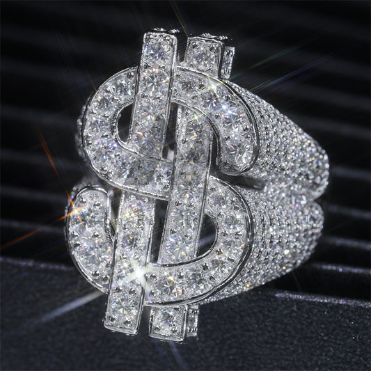 Sterling Silver 925 VVS Moissanite Diamond Dollar Sign Ring Iced Out For Men
