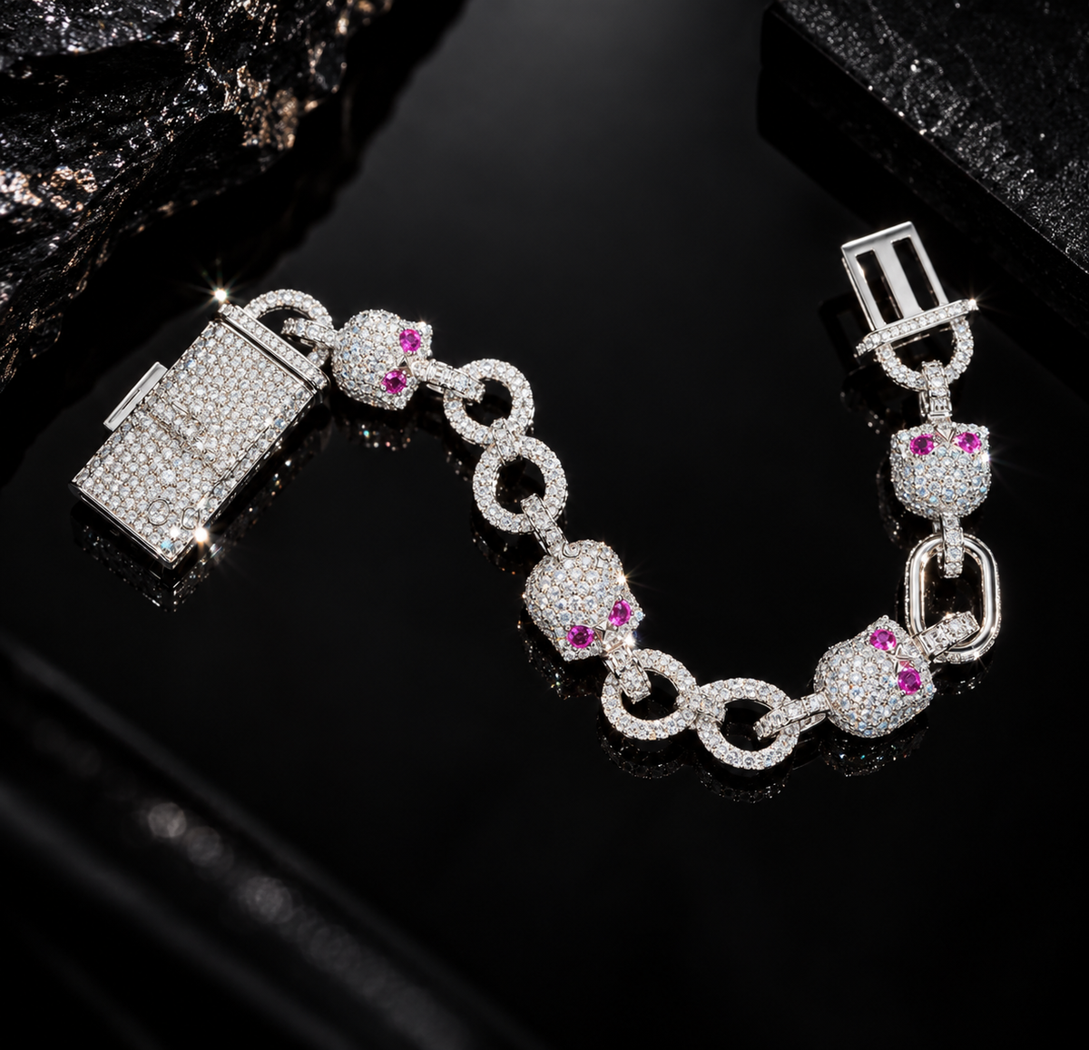 10MM Iced Out Moissanite Skull Bracelet with Ruby Eyes, 925 Silver Hip Hop Jewelry