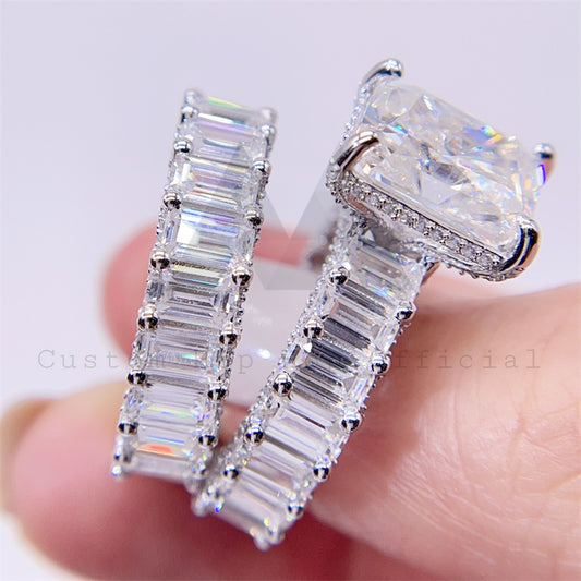 925 Sterling Silver Couple Engagement Ring Set VVS Moissanite Emerald Cut