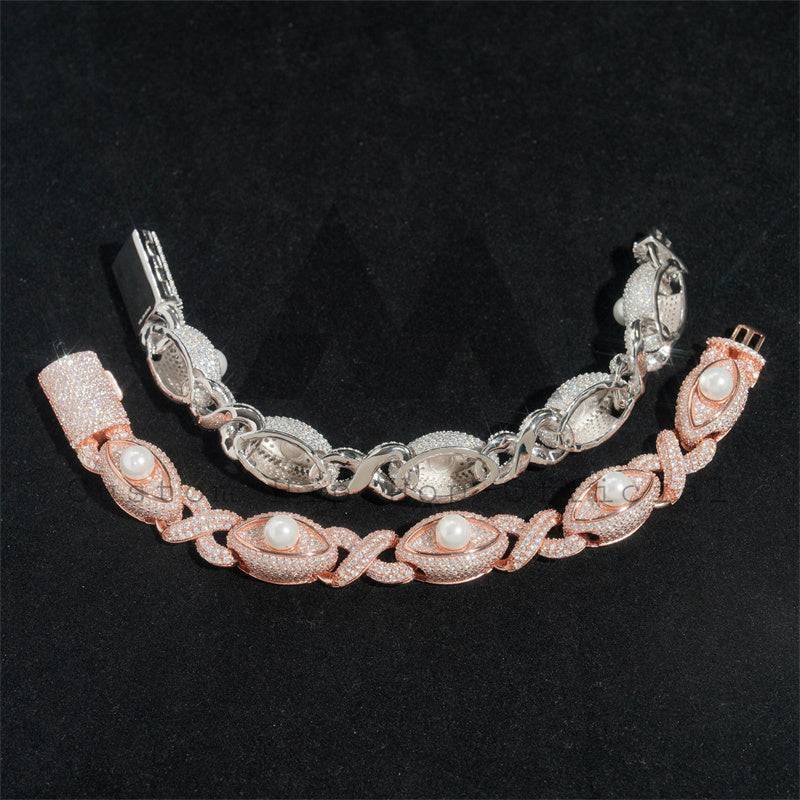 15MM Rose Gold White Gold Iced Out VVS Moissanite Diamond Evil Eye Cuban Bracelet With Pearls