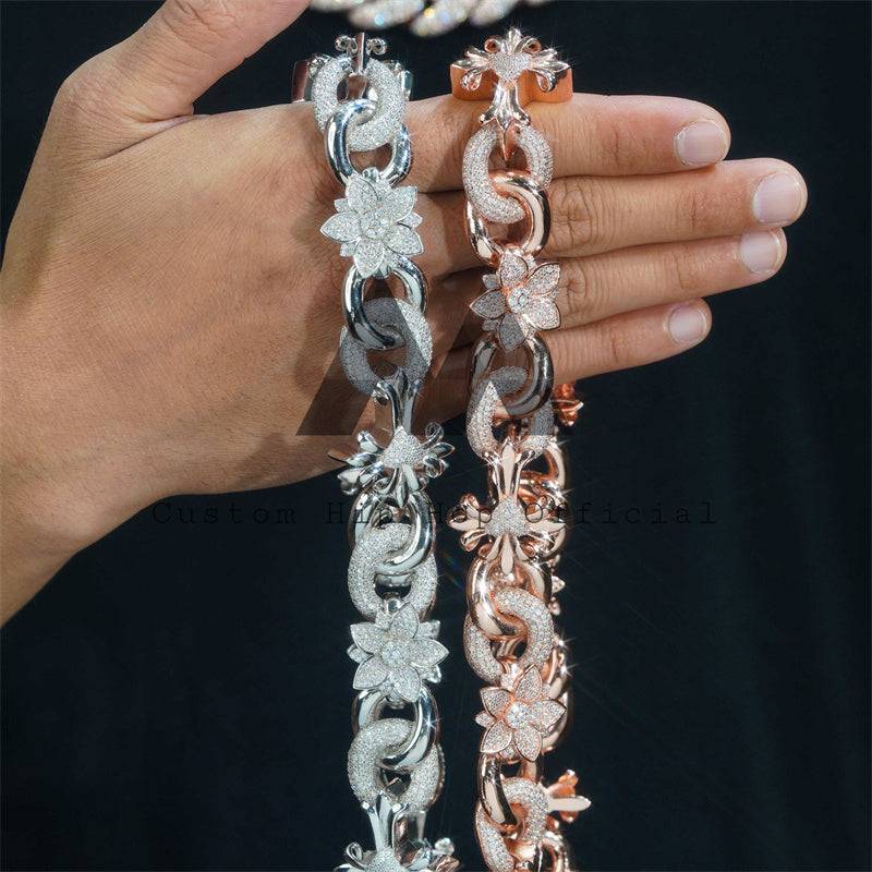 Iced Out Hip Hop 20MM Flower Cuban Link Chain With Moissanite Diamond Pass Diamond Tester
