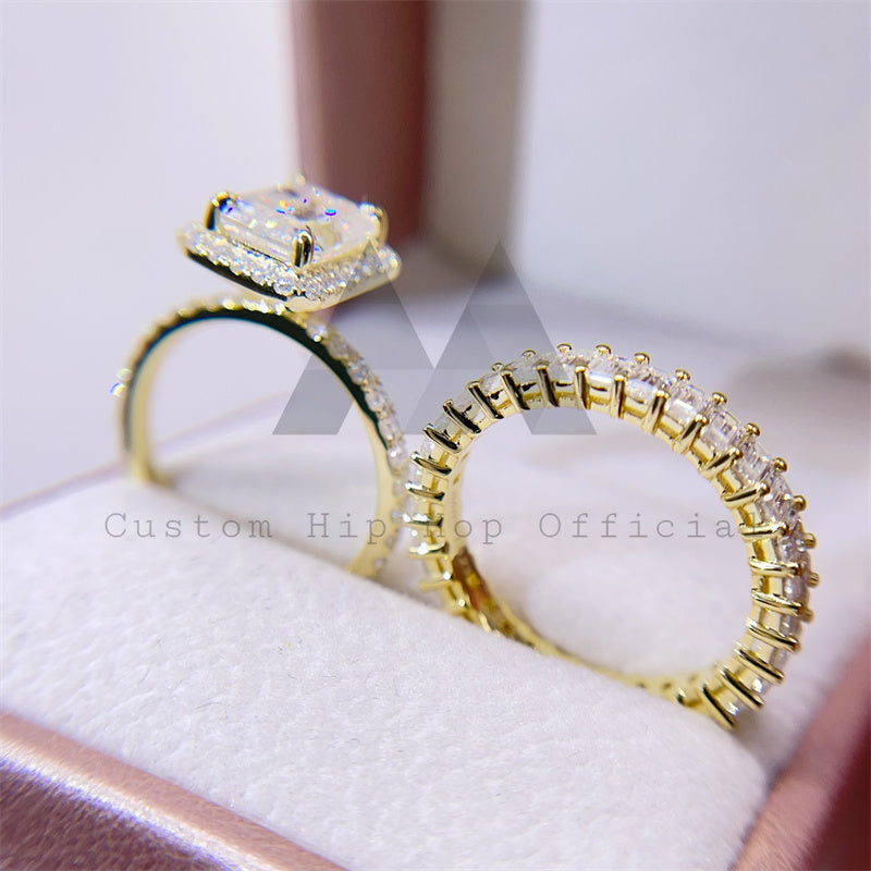 10K 14K 18K Real Gold Emerald Cut Moissanite Engagement Wedding Ring Set Pass Diamond Tester