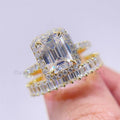 10K 14K 18K Real Gold Emerald Cut Moissanite Engagement Wedding Ring Set Pass Diamond Tester