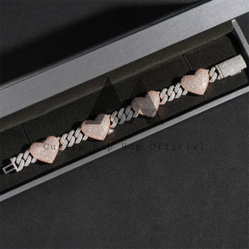 Hip Hop Iced Out 10MM Heart Charm Cuban Link Bracelet Rose Gold Mix White Gold