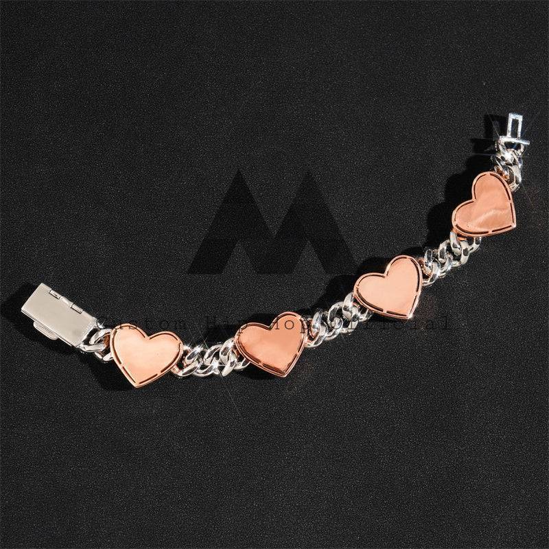 Hip Hop Iced Out 10MM Heart Charm Cuban Link Bracelet Rose Gold Mix White Gold