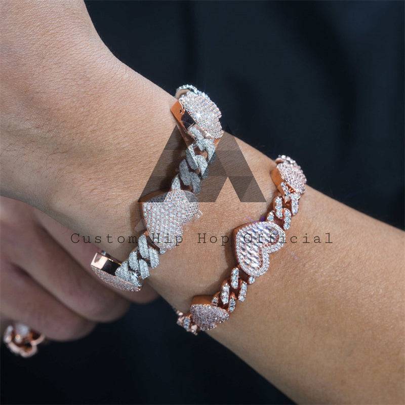 Hip Hop Iced Out 10MM Heart Charm Cuban Link Bracelet Rose Gold Mix White Gold