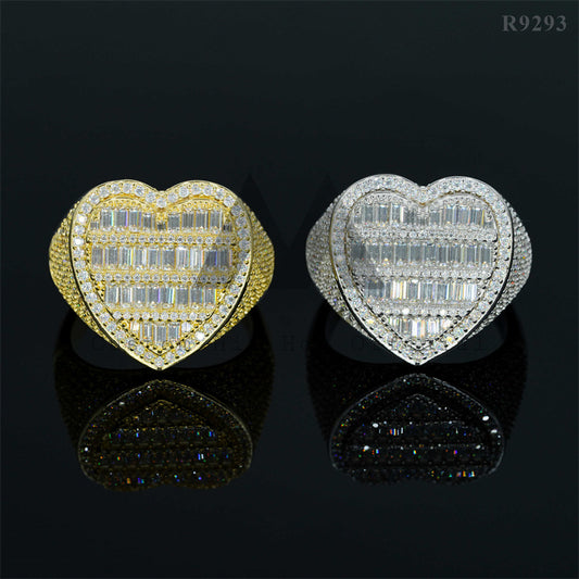 Iced Out 925 Silver VVS Moissaniet Baguette Heart Ring Pass Diamond Tester