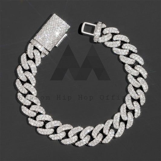 Solid Silver Moissanite 15MM Round Link Two Rows Cuban Link Bracelet Miami Style