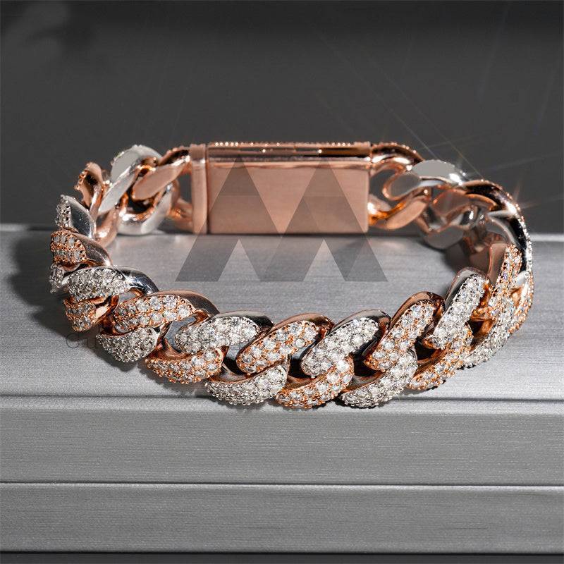 Hip hop jewelry featuring round link 15MM Moissanite Diamond Cuban Link Bracelet in Rose Gold and White Gold0
