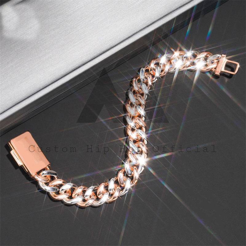 Hip hop jewelry featuring round link 15MM Moissanite Diamond Cuban Link Bracelet in Rose Gold and White Gold2