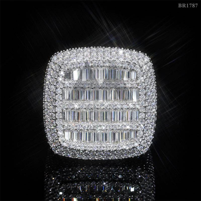 Anel masculino de prata esterlina 925 com corte baguete quadrado gelado VVS Moissanite diamante