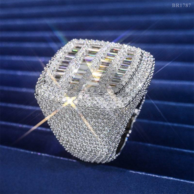 Anel masculino de prata esterlina 925 com corte baguete quadrado gelado VVS Moissanite diamante