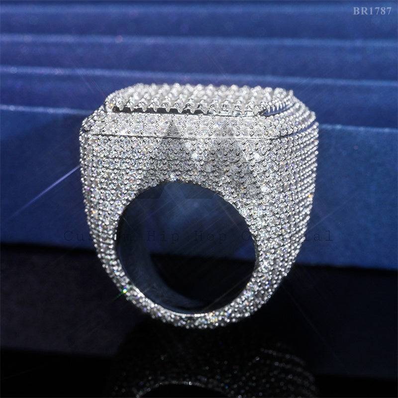 Anel masculino de prata esterlina 925 com corte baguete quadrado gelado VVS Moissanite diamante