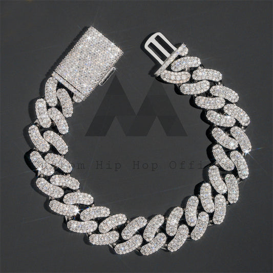 15MM Three Stone Design Solid Silver Moissanite Diamond Cuban LinK Bracelet Hip Hop Jewelry