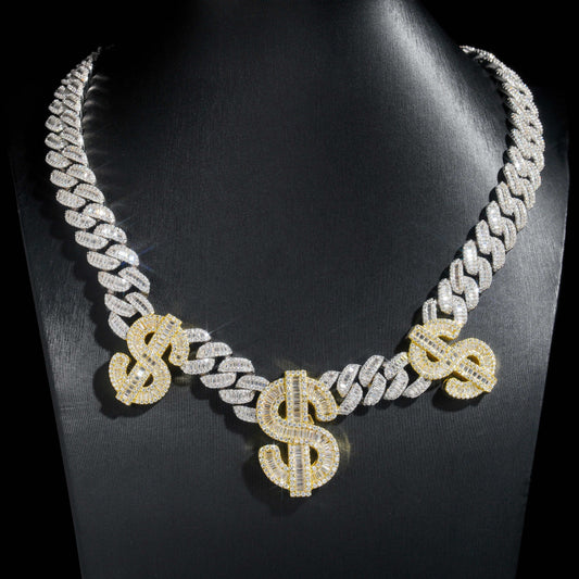 15MM Baguette Moissnaite Cuban Chain With Dollar Sign Iced Out Hip Hop Chain For Men