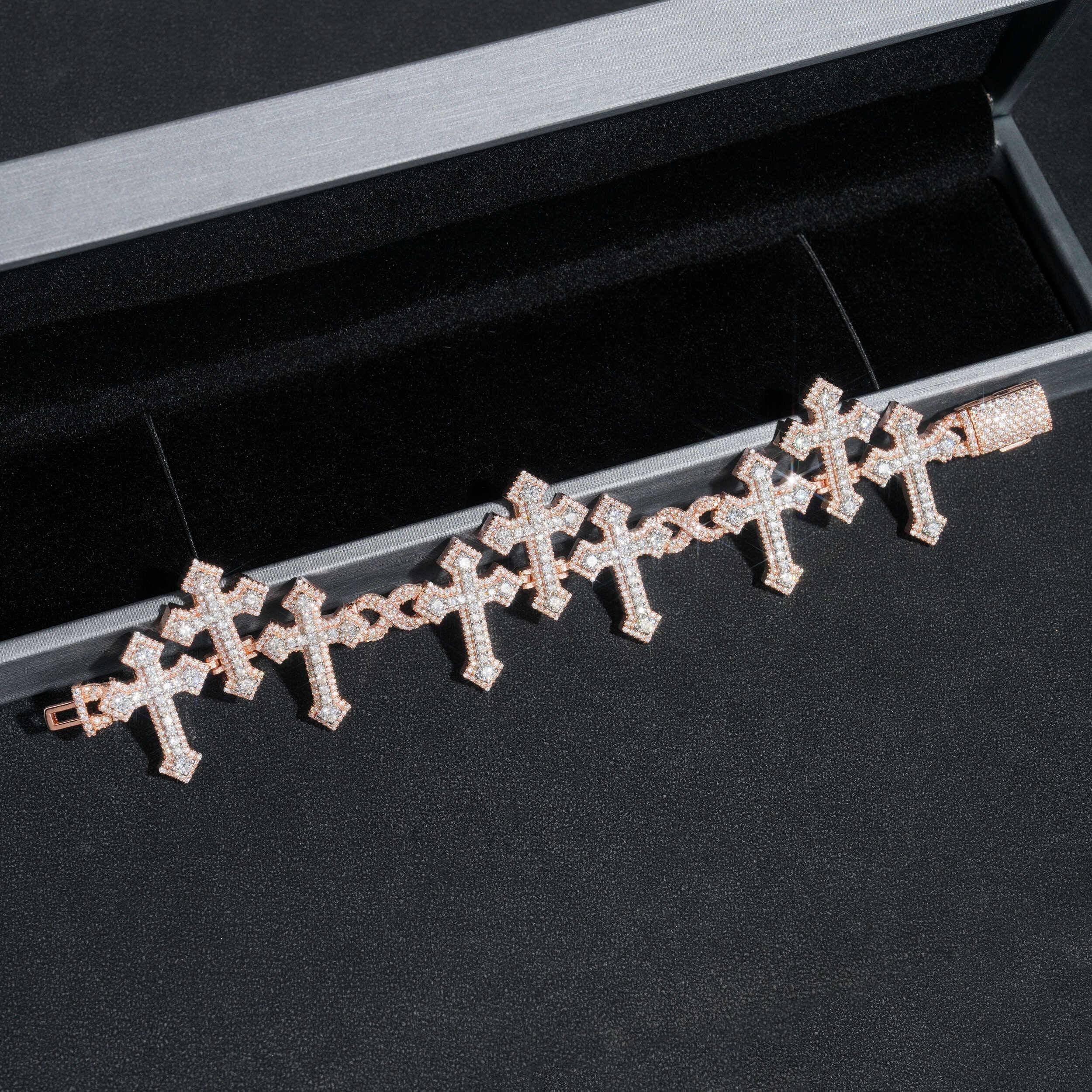 Iced Out VVS Moissanite Infinity Link Pulseira Cruz Joias Hip Hop