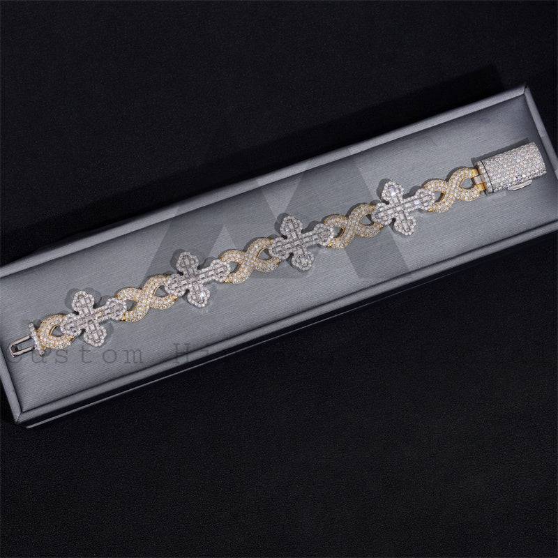 Hip hop jewelry featuring 15MM yellow and white gold 925 silver iced out moissanite infinity link cross bracelet