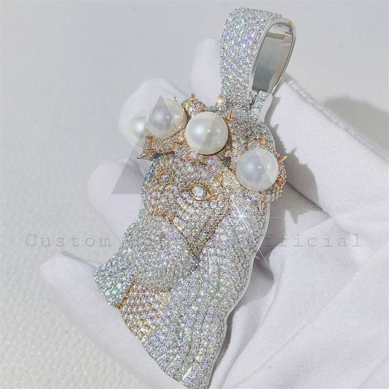 Custom made hip hop jewelry featuring a 3-inch rose gold two-tone VVS moissanite diamond Jesus pendant suitable for a 15mm Cuban chain1
