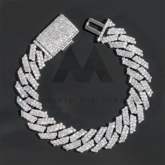 White Gold 925 Sterling Silver GRA Moissanite 15MM Two Rows Cuban Link Men Bracelet