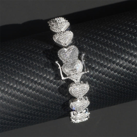 13MM Width Solid Silver Men Jewelry Moissanite Bracelet Moissanite Diamond Heart Link Style