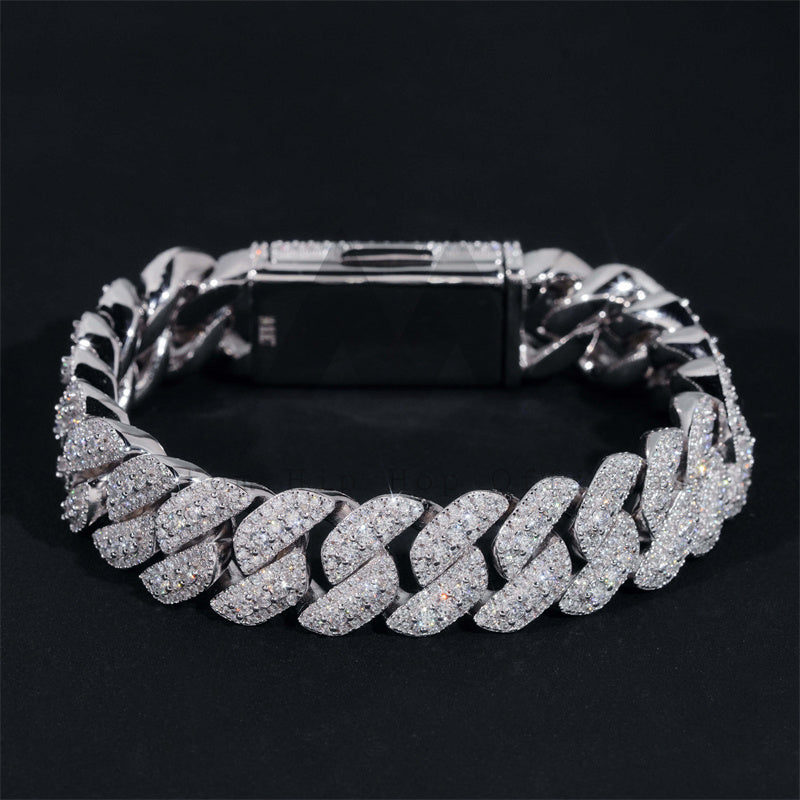 15MM Three Rows Iced Out Solid Silver Miami Cuban Link Bracelet For Men